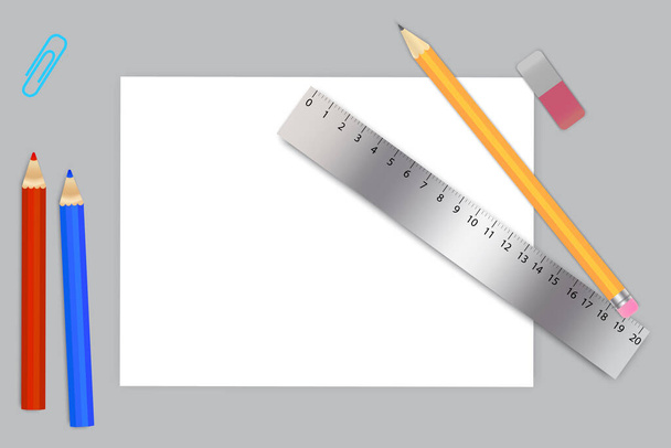 Vektorbild eines Schulsets. Studienartikel Bleistift-Radiergummi. Schreibwaren für das Büro. - Vektor, Bild