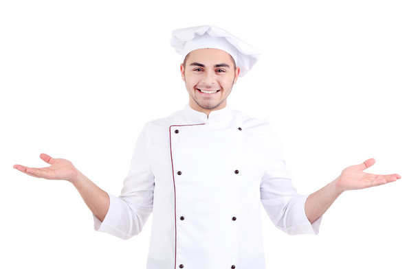 Professional chef in white uniform and hat, isolated on white - Foto, immagini