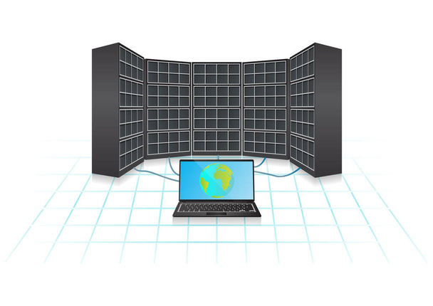 Φορητός υπολογιστής σε δωμάτιο διακομιστή στο κέντρο δεδομένων cloud. Εικονογράφηση διανύσματος - Διάνυσμα, εικόνα