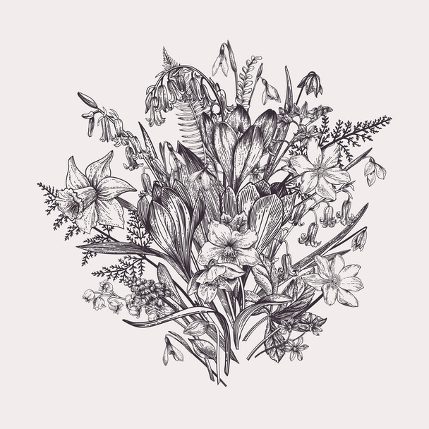 Romantic spring bouquet of flowers. Meadow and garden plants. Vintage engraving style. Vector botanical illustration. Black and white. - Vector, Imagen
