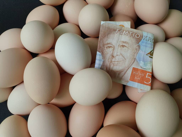precio en consumo y coste de producción del huevo, billete sueco de cincuenta coronas y un montón de huevo de gallina ecológico
 - Foto, imagen