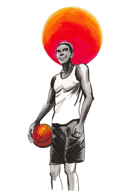 Basketball player with a ball. Ink and watercolor sketch - Photo, Image