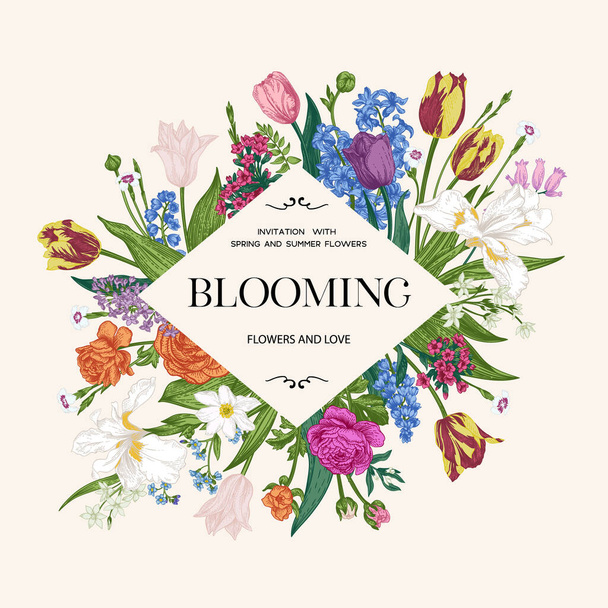 Rhombus frame with garden flowers. Vector botanical illustration. Iris, hyacinth, tulip, forget-me-not, cloves, anemone.  Colorful. - Vetor, Imagem