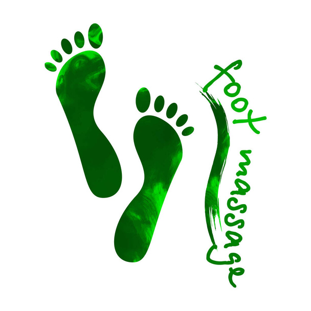 Das Konzept der Fußmassage. Silhouette der Füße auf Pinselstrich in grünem Aquarell Hintergrund für Ihre Website-Design, App, Benutzeroberfläche. Reflexzonenmassage. Aktienvektor. EPS10. - Vektor, Bild