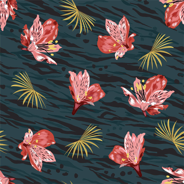 Trendy blooming red flowers and tropical leaves on dark animal skin seamless pattern vector EPS10, Design for fashion,fabric,wallpaper,cover and all prints on dark green background color - Vektör, Görsel