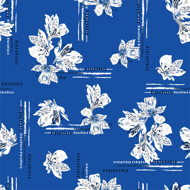 Beautiful white garden flower with white brush and navy blue dots line seamless pattern in vector EPS10 ,Design for fashion,fabric,web,wallaper,wrapping and all prints on fresh blue background color  - Vector, afbeelding