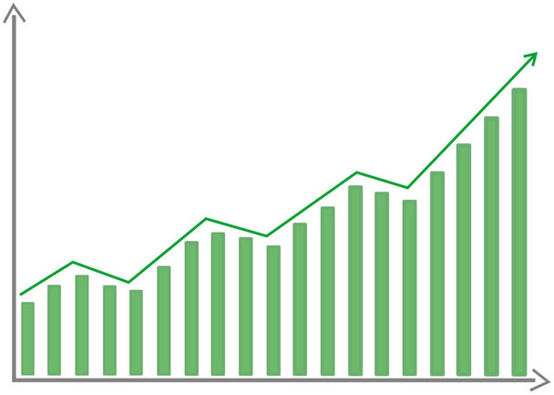 Flache Vektor-Illustration einer Infotafel, die den Anstieg durch grünen Pfeil visualisiert, der in Schritten mit grünen Balken für Trends, Marktanalyse und Anlageerfolgsdiagramm aufwächst - Vektor, Bild