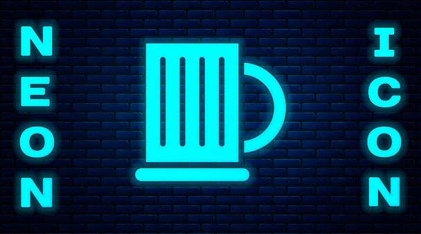 Glowing neon Wooden beer mug icon isolated on brick wall background.  Vector Illustration. - Vector, Image