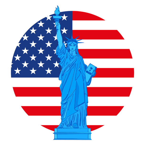 Statua della Libertà sullo sfondo con bandiera americana, Stati Uniti, illustrazione vettoriale - Vettoriali, immagini