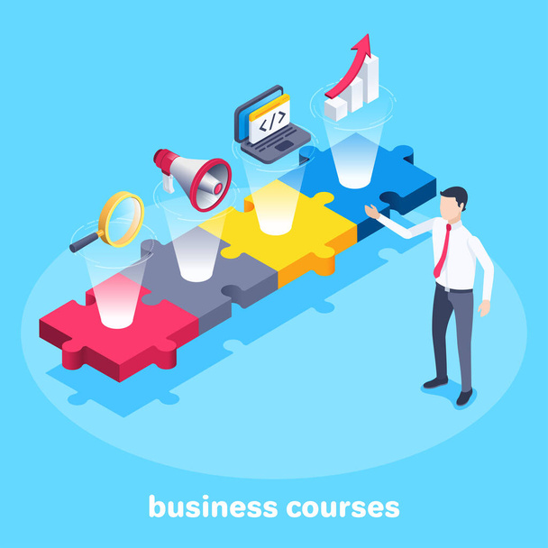isometric vector image on a blue background, multi-colored puzzles with business icons and a man with a red tie pointing to them, business training or courses - Вектор,изображение