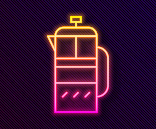 Glowing neon line French press icon isolated on black background.  Vector Illustration. - Vector, Image