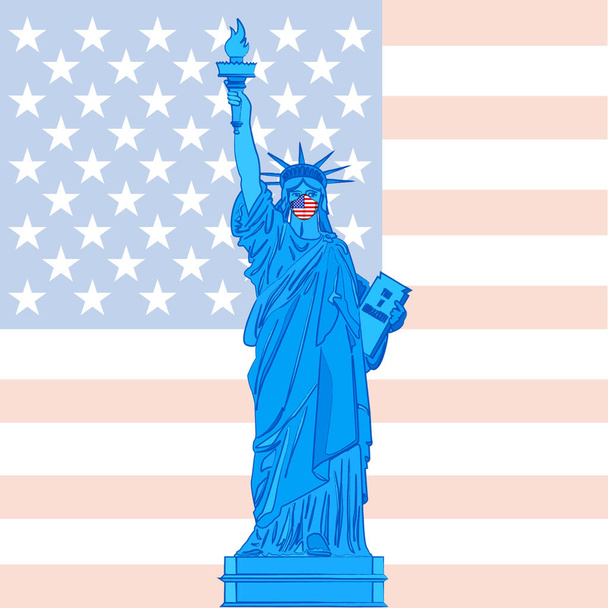 Vrijheidsbeeld met antiviraal masker op achtergrond met Amerikaanse vlag, Verenigde Staten, vectorillustratie - Vector, afbeelding