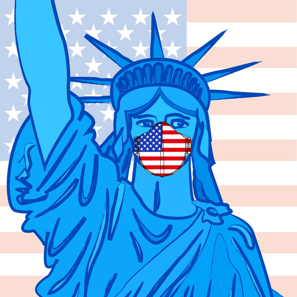 Estatua de la Libertad con máscara antiviral sobre fondo con bandera americana, Estados Unidos, ilustración vectorial
 - Vector, imagen