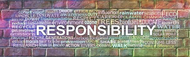 Our life time responsibility Awareness Campaign Ziegelwand Graffiti Banner - breite regenbogenfarbene Ziegelwand mit dem Wort VERANTWORTUNG umgeben von einer relevanten Wortwolke  - Foto, Bild