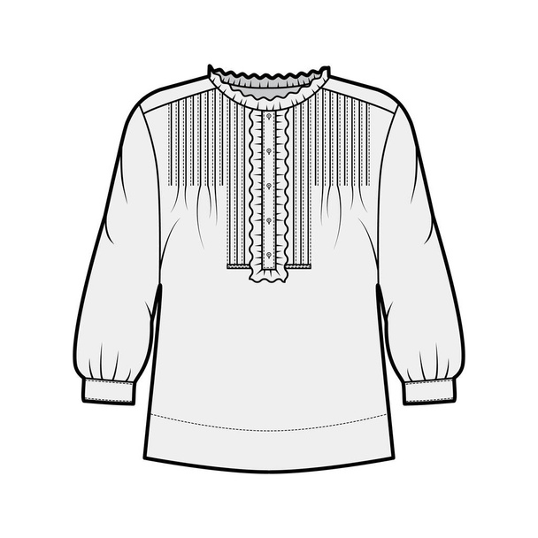 Camicia tecnica illustrazione di moda con corpo oversize, chiusura con bottoni nascosti lungo la parte anteriore, ruches delicate - Vettoriali, immagini