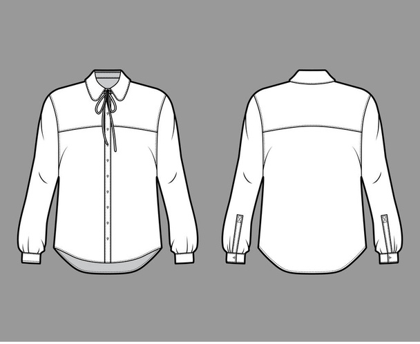 Shirt technical fashion illustration with oversized body, concealed button fastenings along front, delicate ruffles - Vector, Image