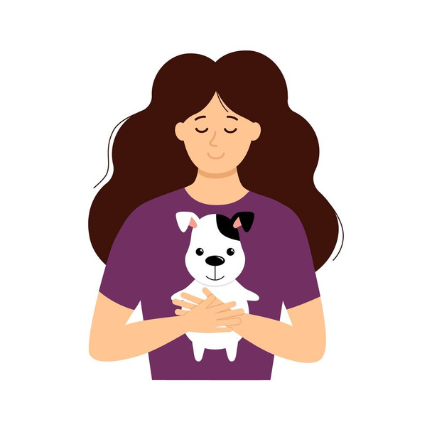 Wektor piękne kreskówka uśmiechnięta dziewczyna przytulić cute szczeniak, kobieta trzymać w objęciach jej pies piękny zwierzak ilustracja - Wektor, obraz
