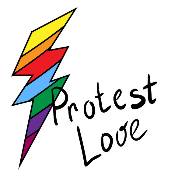 Rainbow Lightning. Orgulho LGBT ou bandeira do arco-íris com um padrão cardíaco. Bandeira gay ilustração colorida. Protesto da legenda do amor. Elemento de decoração, adesivo, logotipo, impressão
. - Vetor, Imagem