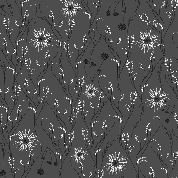 Vector. Seamless gentle, linear, fashionable, isolated pattern on a dark background. Retro style. Trend and floral elements for the design of textiles, wallpaper, cards, invitations and celebrations - Vector, Image
