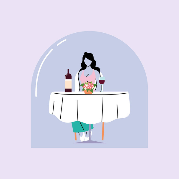 distanciamiento social en el restaurante, comer a la mujer en la mesa, protección y prevención del coronavirus o covid-19
 - Vector, Imagen