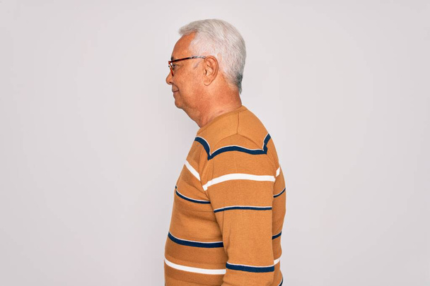 W średnim wieku starszy siwowłosy przystojny mężczyzna w okularach i swobodny sweter w paski patrząc na bok, relaks poza profil z naturalną twarzą z pewnym uśmiechem. - Zdjęcie, obraz