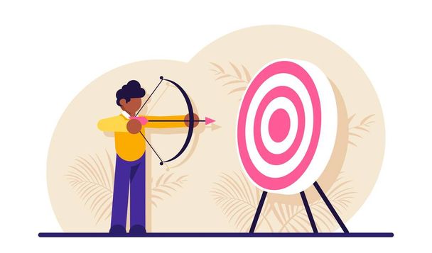 Concept of market target, business goal, achievement strategy, attaining financial objective. Archer or bowman holding bow and arrow, aiming and shooting. Modern flat illustration. - Vector, Image
