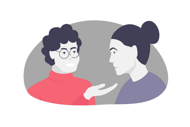 Vector concept colorful illustration of two people having a conversation. Two women talking and smiling. The older woman gives advice to the younger girl - Vector, Image