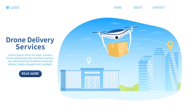 Drone delivery concept. Contactless delivery of products. Catering Service. Air delivery. Modern technology. Perfect for landing, banner, header or web design. Flat Vector Illustration. - Vector, Image