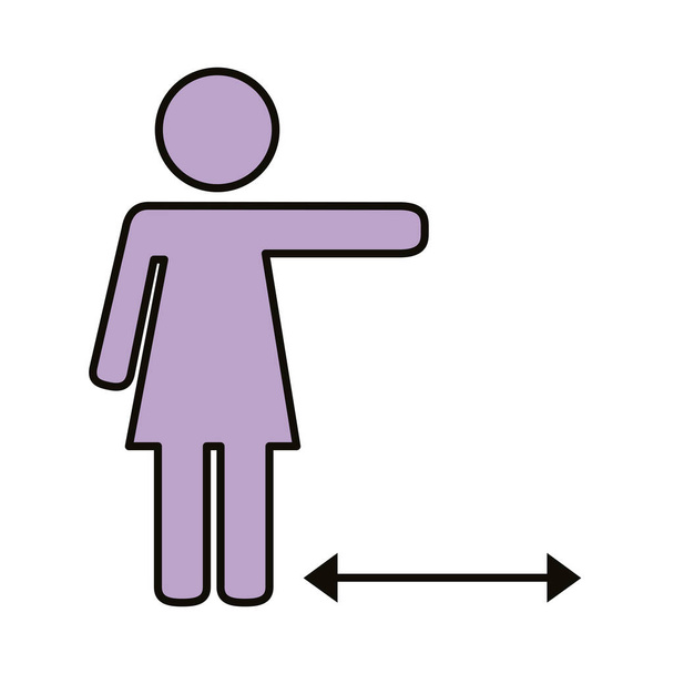 vrouwelijke menselijke figuur met pijl afstand sociale lijn en vul stijl - Vector, afbeelding