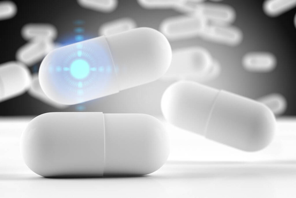 Falling fehér kapszula egy gyógyszer szépen elmosódott háttér; 3D illusztráció koncepció - Fotó, kép