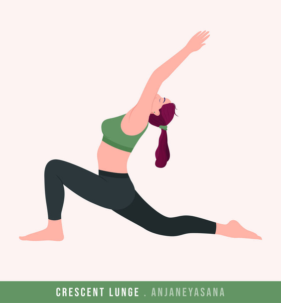 Crescent Lunge / Anjaneyasana Yoga pose. Jeune femme pratiquant le yoga / exercice. Entraînement de femme fitness, aérobie et exercices. Illustration vectorielle. - Vecteur, image