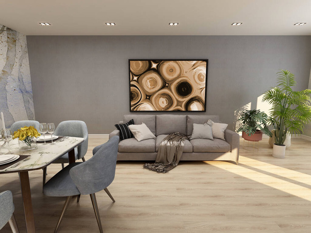 Prepara el diseño interior moderno de la sala de estar con sofá, comedor con mesa y sillas. Interior de planta abierta. Ilustración 3D, representación 3D
. - Foto, imagen