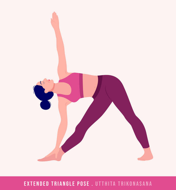 Laajennettu kolmiopossi / Utthita Trikonasana Yoga poseeraus. Nuori nainen harjoittelee joogaa / liikuntaa. Naisen kuntoilu, aerobinen ja harjoitukset. Vektorikuvaus. - Vektori, kuva
