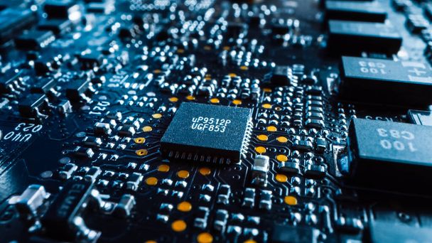 Close-up Macro Shot of a Microchip, CPU Processor with Printed Circuit Board Computer Motherboard with Components: Inside of Electronic Device, Parts of Supercomputer. - 写真・画像