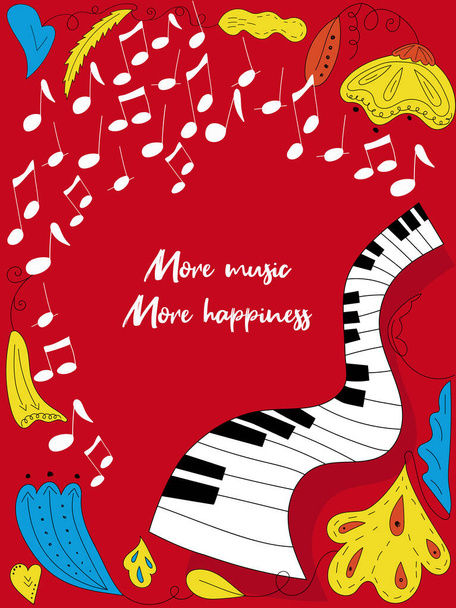 Φωτεινή διανυσματική απεικόνιση μιας μουσικής έννοιας με πιάνο, νότες και λουλούδια γύρω. Μουσική αφίσα με θέση για κείμενο. - Διάνυσμα, εικόνα