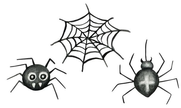 Halloween pavučina a pavouci izolované akvarel ilustrace na bílém pozadí pro Happy Halloween blahopřání, plakát, banner. Vtipný kreslený hmyz - Fotografie, Obrázek