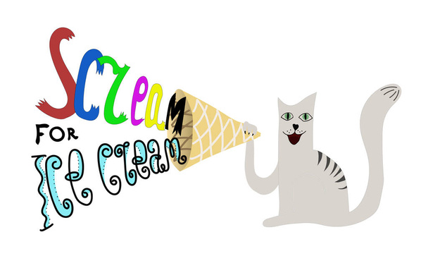 アイスクリームを要求するスピーカーのようなワッフルコーンで叫んで猫の面白いイラスト - ベクター画像