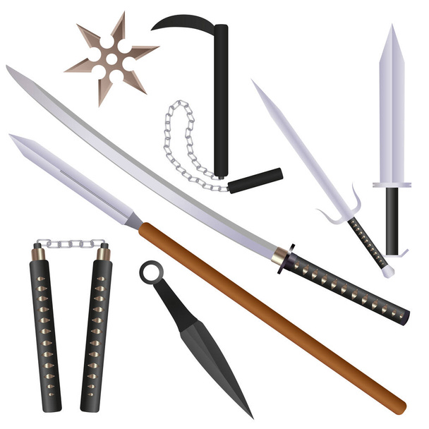 Cartoon platte stijl ninja wapens met schaduwen ingesteld: zwaard, sai, nunchaku en shurikens. vectorillustratie. - Vector, afbeelding