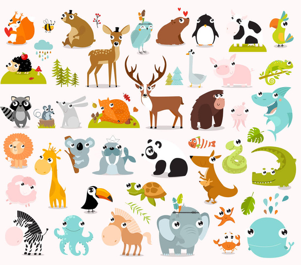 Print. Big vector set of animals. cow, alligator, bear, panda, penguin, octopus, koala, cartoon characters, zebra, animal logo, fox, pig, deer, monkey, rabbitgiraffe, whale, forest animals. vector animals - Vector, Image