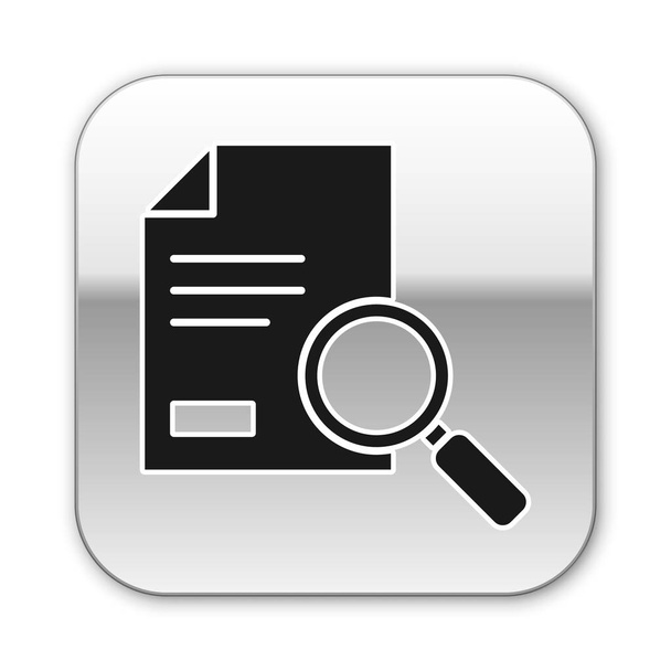 Black Document with search icon isolated on white background. File and magnifying glass icon. Analytics research sign. Silver square button. Vector Illustration. - Vector, Image