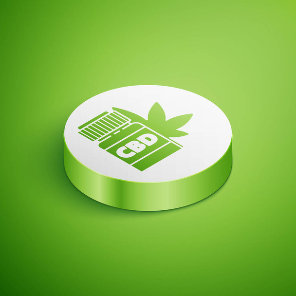 Isometrinen Medical pullo marihuanaa tai kannabiksen lehtiä kuvaketta eristetty vihreällä pohjalla. Pilkkaa kannabisöljyuutteita purkeissa. Valkoinen ympyrä nappi. Vektorikuvaus. - Vektori, kuva