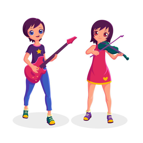 Naiset muusikko soittaa kitaraa ja viulua kokoelma eri toimissa - Vektori, kuva