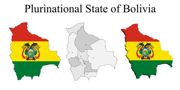 Bandiera della Bolivia sulla mappa e mappa con divisione regionale. Illustrazione vettoriale - Vettoriali, immagini