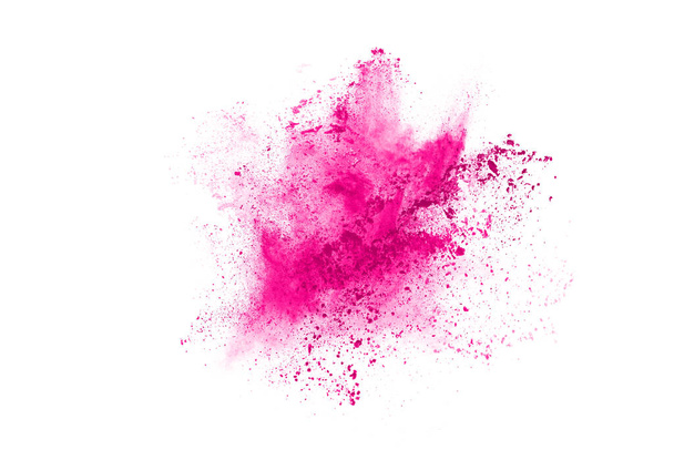 Tiivistelmä vaaleanpunainen jauhe roiskunut tausta, jäädyttää liikkeen väri jauhe räjähtää / heittää väri jauhe, väri glitter rakenne valkoisella pohjalla. - Valokuva, kuva