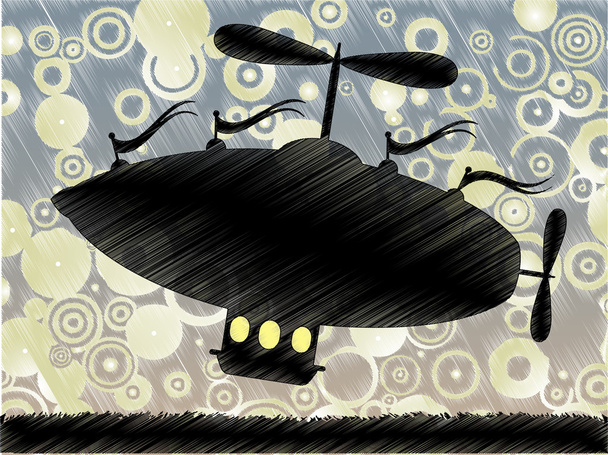 Sketchy fantasía dirigible despega acentuado por colorido círculo amarillo azul
 - Vector, imagen