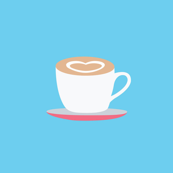 Top view modern schoon van koele koffiekop keramiek met schuim geïsoleerde pictogram vector illustratie met Liefde gevormde hart crème op een schotel platte design stijl - Vector, afbeelding