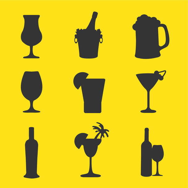 ボトルとガラスベクトルとアルコールの多くの簡単な異なるドリンクシルエットのボタンのアイコン - ベクター画像
