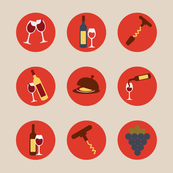 viele moderne schöne Ikonen mit Weinflaschen und Weingläsern im roten Kreis für den Urlaub - Vektor, Bild