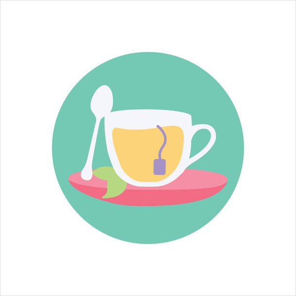 un botón para la web. té inglés en Inglaterra. taza de té de diseño plano estilo simple con bolsa de té moderno vector aislado en un platillo o plato. hoja de menta verde en la camiseta de limón en un círculo redondeado ilustración
. - Vector, Imagen