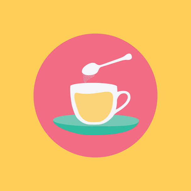 una cuchara con azúcar dulce sobre una taza de té vector estilo de diseño plano en un platillo o plato con té de limón dibujos animados aislados en un círculo. botón para el sitio web & aplicación
 - Vector, Imagen